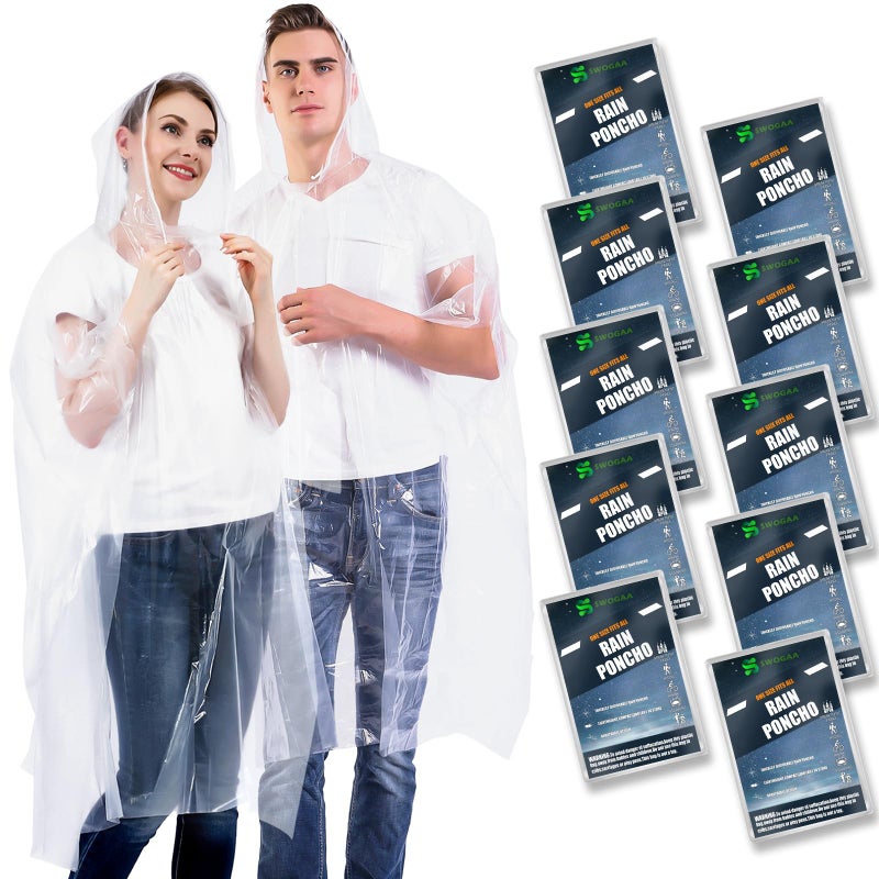 SWOGAA Disposable Rain Ponchos for Adults (10 Pack) - 50% Extra Thicker Men or Women Waterproof Emergency Rain Ponchos with Hood - Clear - Image 1